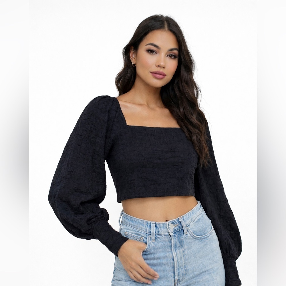 Free People Black Square-Neck Puff Sleeve Crop Top